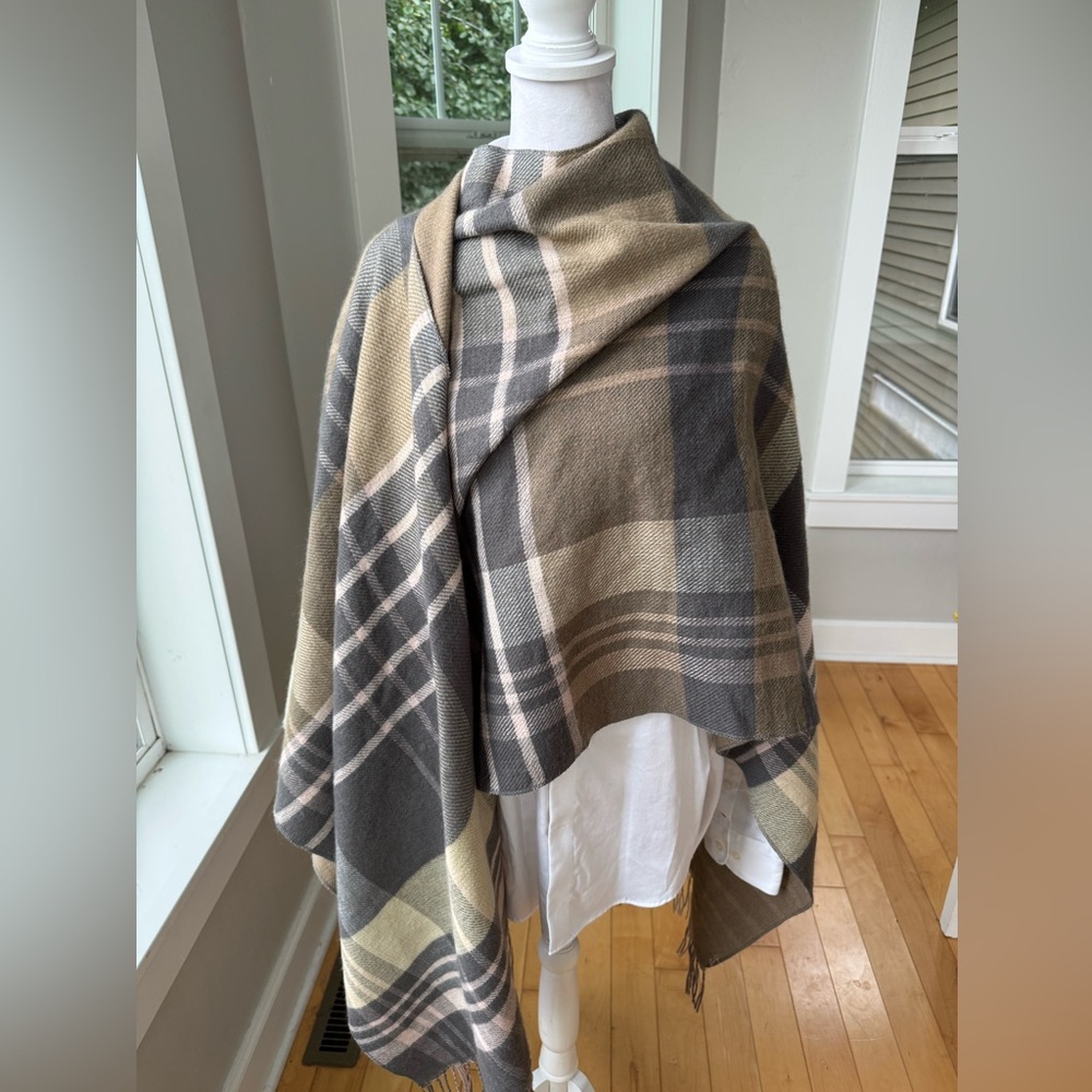 Oversized Plaid Fringe Poncho in Brown White Pink Plaid One Size Fits All